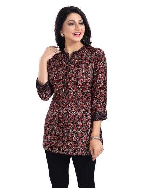 Generic Women’s 3/4th Sleeve Viscose Blend Tunic Short Top (Brown)