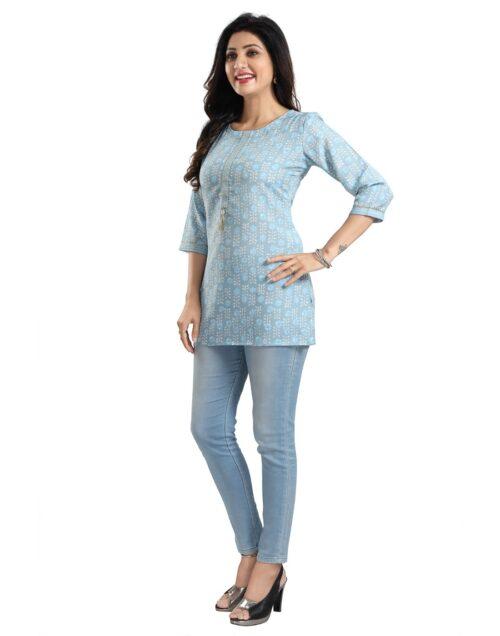 Generic Women’s 3/4th Sleeve Viscose Blend Tunic Short Top (Blue)