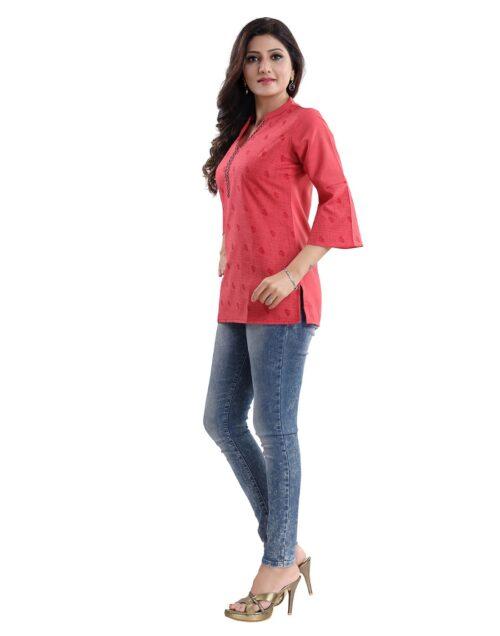 Generic Women’s 3/4th Sleeve Polyester Blend Tunic Short Top (Red)