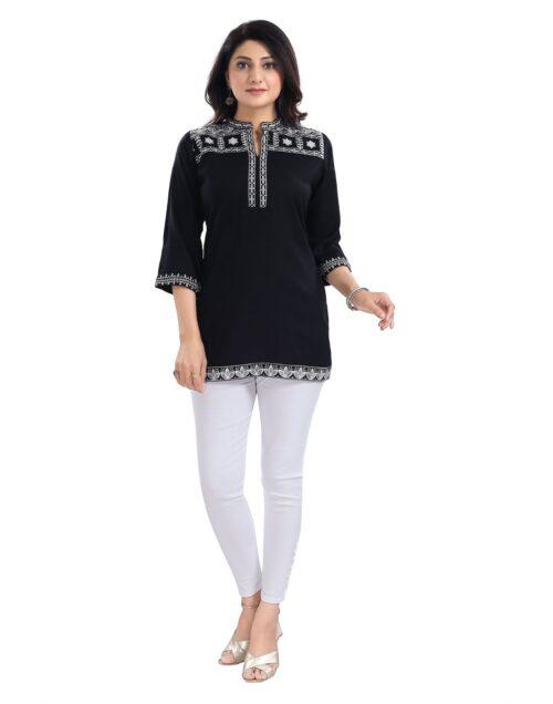 Generic Women’s 3/4th Sleeve Viscose Tunic Short Top (Black)