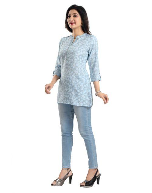 Generic Women’s 3/4th Sleeve Viscose Blend Tunic Short Top (Blue)