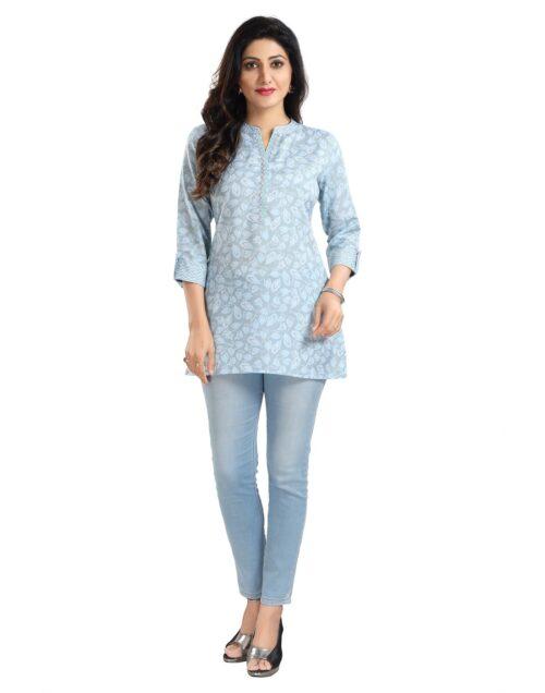 Generic Women’s 3/4th Sleeve Viscose Blend Tunic Short Top (Blue)