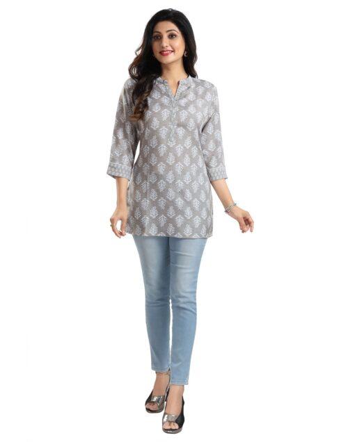 Generic Women’s 3/4th Sleeve Viscose Blend Tunic Short Top (Grey)