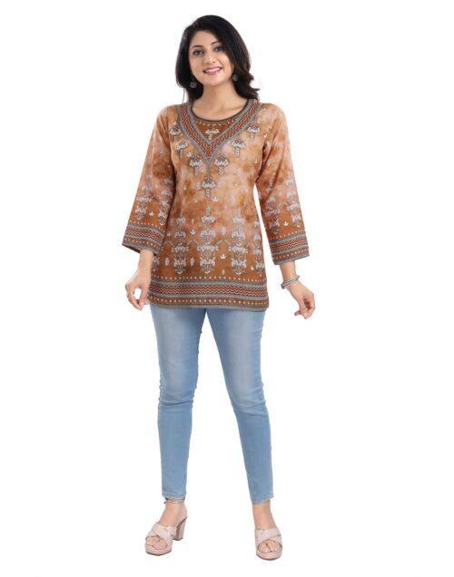 Generic Women’s 3/4th Sleeve Faux Crepe Tunic Short Top (Light Brown)