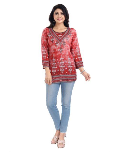 Generic Women’s 3/4th Sleeve Faux Crepe Tunic Short Top (Red)