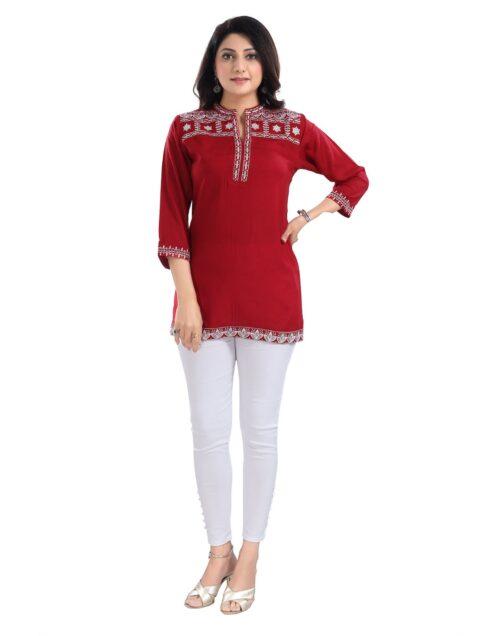 Generic Women’s 3/4th Sleeve Viscose Tunic Short Top (Red)