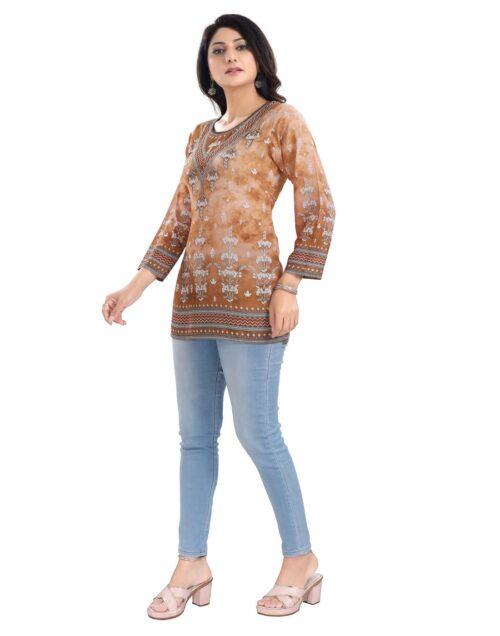 Generic Women’s 3/4th Sleeve Faux Crepe Tunic Short Top (Light Brown)