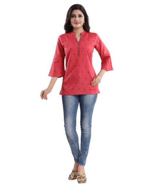 Generic Women’s 3/4th Sleeve Polyester Blend Tunic Short Top (Red)