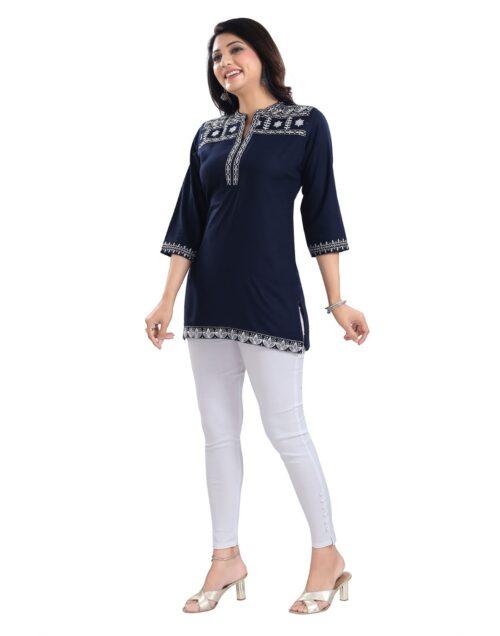 Generic Women’s 3/4th Sleeve Viscose Tunic Short Top (Blue)