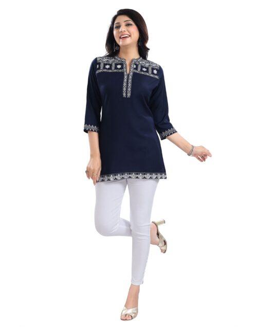 Generic Women’s 3/4th Sleeve Viscose Tunic Short Top (Blue)