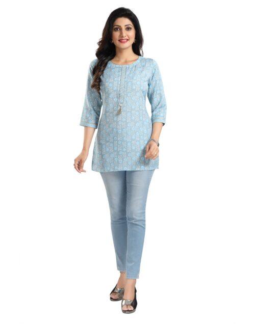 Generic Women’s 3/4th Sleeve Viscose Blend Tunic Short Top (Blue)