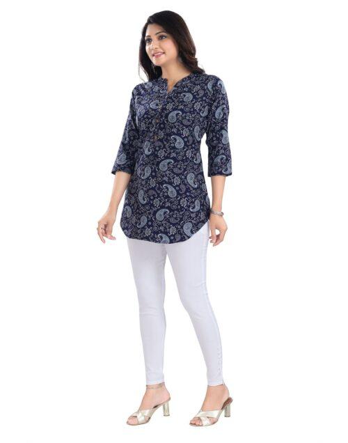 Generic Women’s 3/4th Sleeve Polyester Tunic Short Top (Blue)