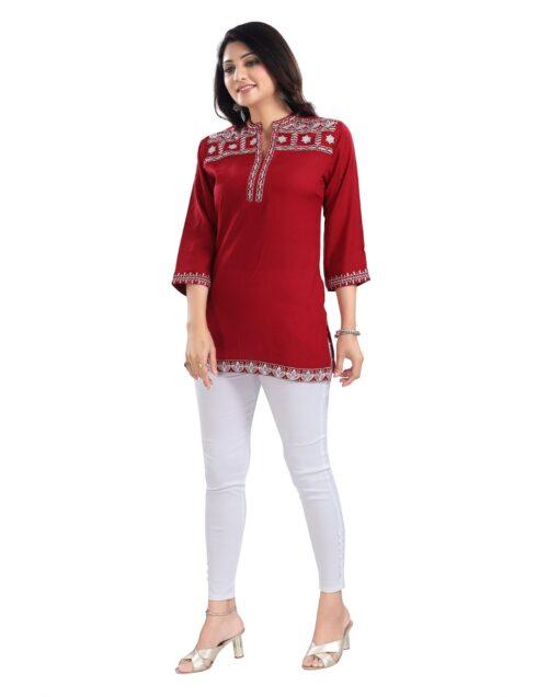 Generic Women’s 3/4th Sleeve Viscose Tunic Short Top (Red)