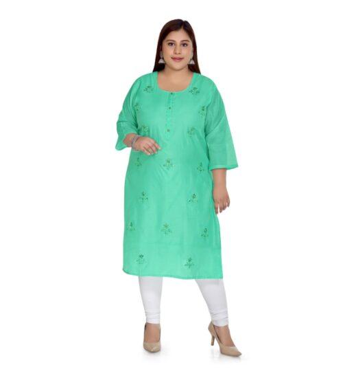 Generic Women’s Casual 3/4th Sleeve Rayon Mirror Embroidered Straight Kurti (Green)