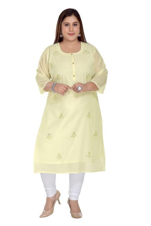 Generic Women’s Casual 3/4th Sleeve Rayon Mirror Embroidered Straight Kurti (Light Yellow)