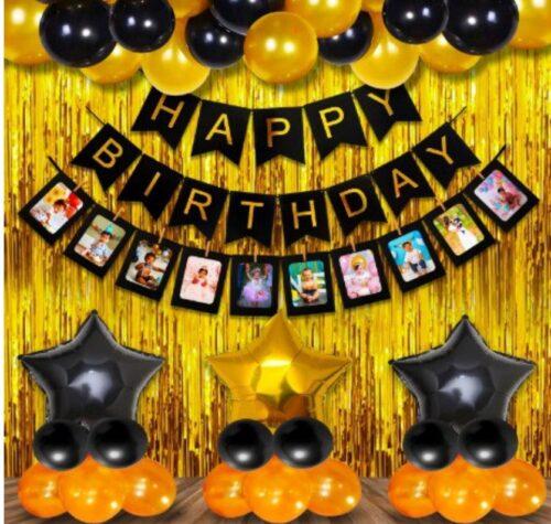 Generic Happy Birthday Decoration Combo Of Curtain And Metallic And Foil Balloons (Multicolor)