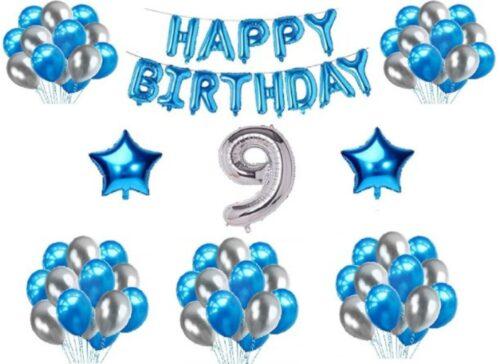 Generic 9Th Happy Birthday Decoration Combo With Foil And Star Balloons (Blue, Silver)