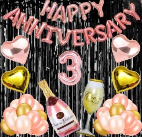 Generic 3Rd Anniversary Rose Gold Foil Balloons With Happy Decoration Items Set (Rose Gold)