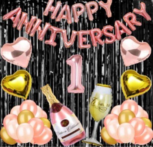 Generic 1St Anniversary Rose Gold Foil Balloons With Happy Decoration Items Set (Multicolor)