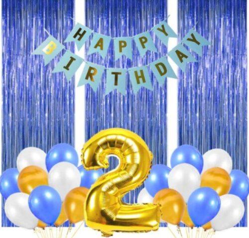 Generic 2Nd Birthday Decoration Combo Of No 2 Foil Balloons, Banner, Balloons And Curtain (Multicolor)