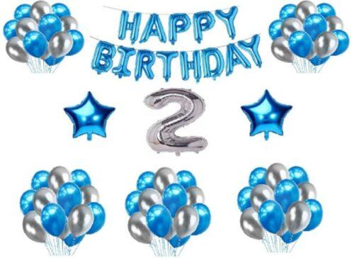 Generic 2Nd Happy Birthday Decoration Combo With Foil And Star Balloons (Blue, Silver)