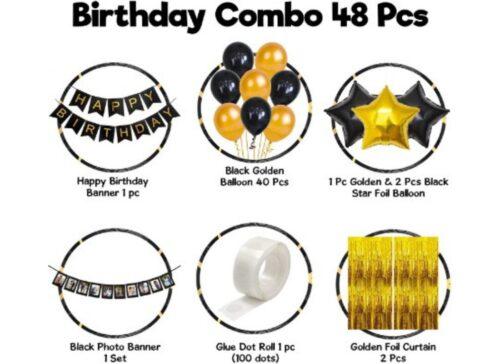 Generic Happy Birthday Decoration Combo Of Curtain And Metallic And Foil Balloons (Multicolor)