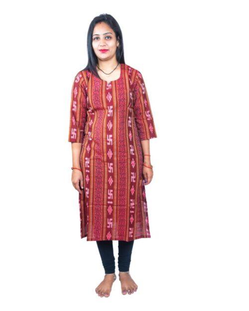 Generic Women’s Sambalpuri Certified Handloom Pure Cotton Straight Kurti (Maroon)