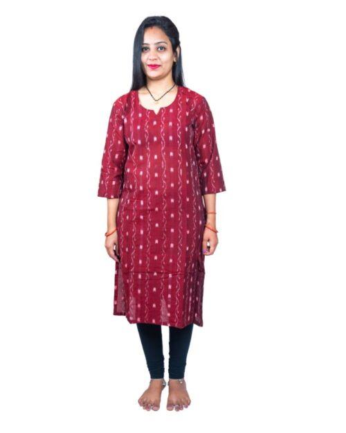 Generic Women’s Sambalpuri Certified Handloom Pure Cotton Straight Kurti (Maroon)