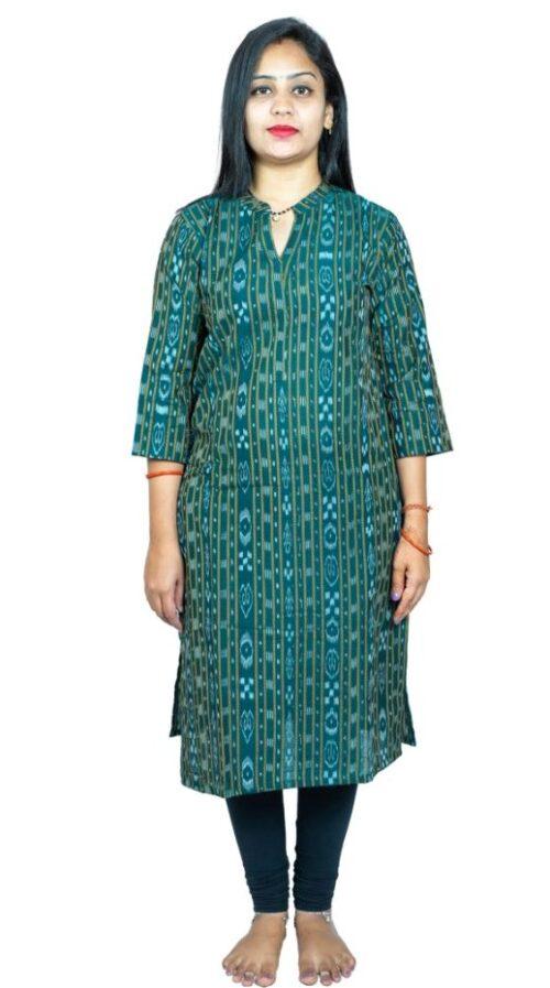 Generic Women’s Sambalpuri Certified Handloom Pure Cotton Straight Kurti (Green)