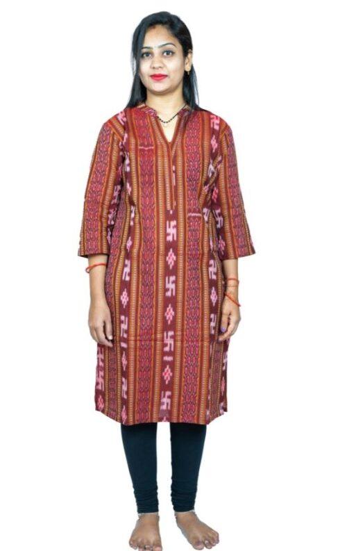 Generic Women’s Sambalpuri Certified Handloom Pure Cotton Straight Kurti (Maroon)