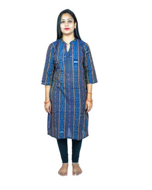 Generic Women’s Sambalpuri Certified Handloom Pure Cotton Straight Kurti (Blue)