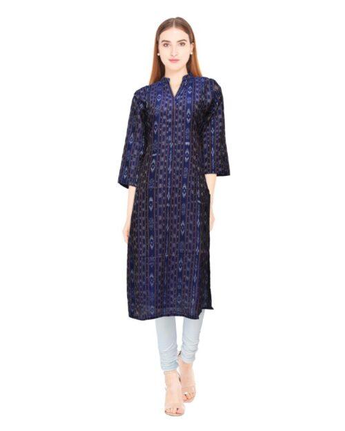 Generic Women’s Sambalpuri Certified Handloom Chiffon Straight Kurti (Navy Blue)