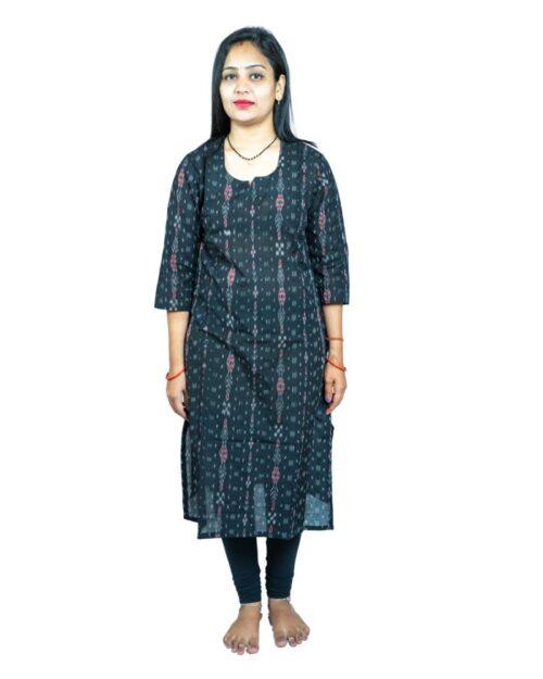 Generic Women’s Sambalpuri Certified Handloom Pure Cotton Straight Kurti (Black)