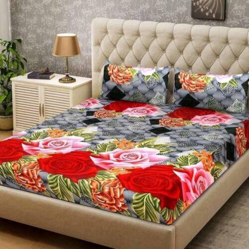 Generic Multi Color 3D Print Poly Cotton Bedsheet With Two Pillow Cover