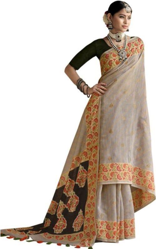 Generic Women's Cotton Stripes Printed, Foil And Stone Embellished Saree With Blouse (Beige, 5-6 Mtrs)