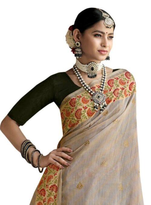 Generic Women's Cotton Stripes Printed, Foil And Stone Embellished Saree With Blouse (Beige, 5-6 Mtrs) - Image 3