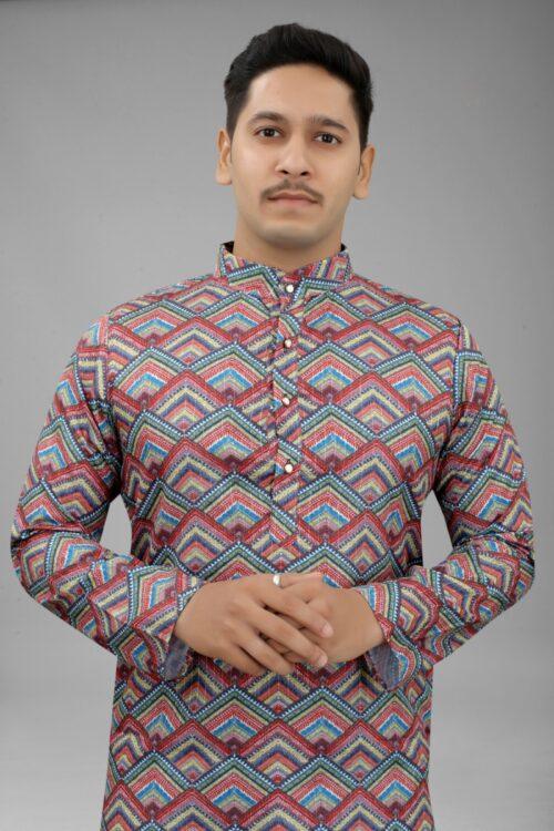 Generic Men’s Multi Color Full Sleeves Mandarin Collar Printed Ethnic Kurta Set