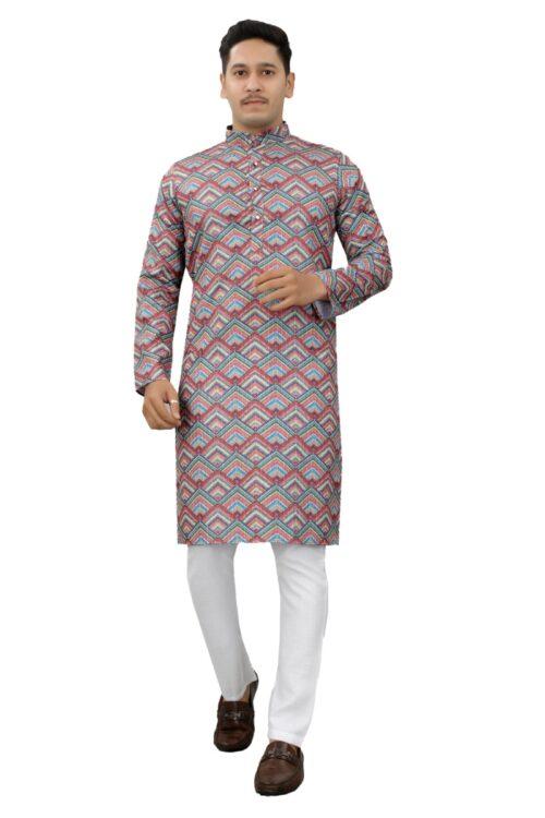 Generic Men’s Multi Color Full Sleeves Mandarin Collar Printed Ethnic Kurta Set