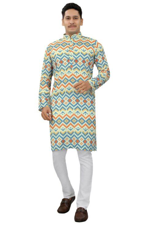 Generic Men’s Multi Color Full Sleeves Mandarin Collar Printed Ethnic Kurta Set