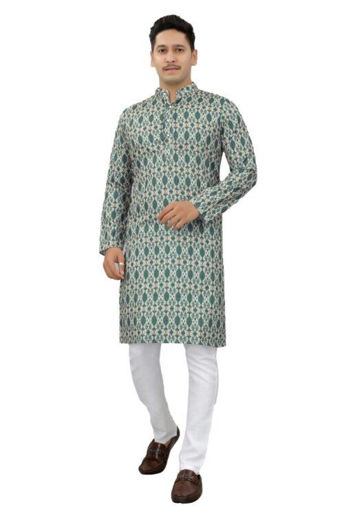 Generic Men’s Multi Color Full Sleeves Mandarin Collar Printed Ethnic Kurta Set