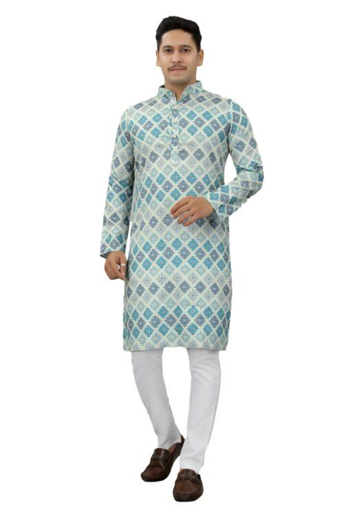 Generic Men’s Multi Color Full Sleeves Mandarin Collar Printed Ethnic Kurta Set