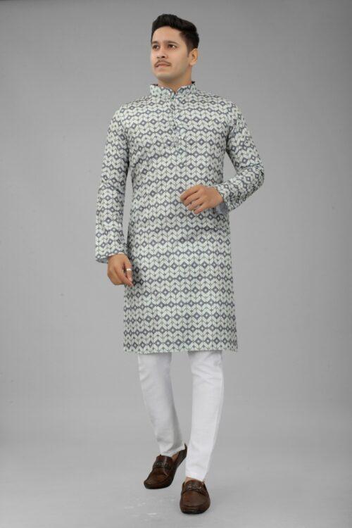 Generic Men’s Multi Color Full Sleeves Mandarin Collar Printed Ethnic Kurta Set