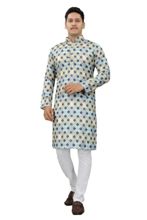 Generic Men’s Multi Color Full Sleeves Mandarin Collar Printed Ethnic Kurta Set