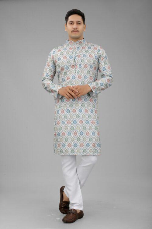 Generic Men’s Multi Color Full Sleeves Mandarin Collar Printed Ethnic Kurta Set