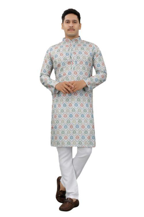 Generic Men’s Multi Color Full Sleeves Mandarin Collar Printed Ethnic Kurta Set