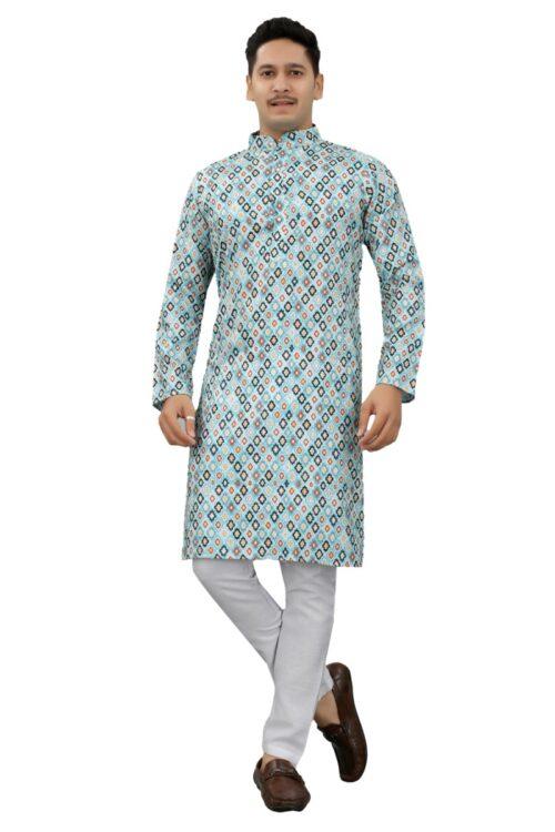 Generic Men’s Multi Color Full Sleeves Mandarin Collar Printed Ethnic Kurta Set