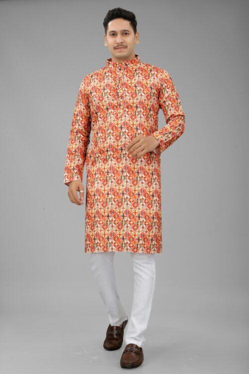 Generic Men’s Multi Color Full Sleeves Mandarin Collar Printed Ethnic Kurta Set