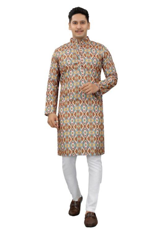 Generic Men’s Multi Color Full Sleeves Mandarin Collar Printed Ethnic Kurta Set