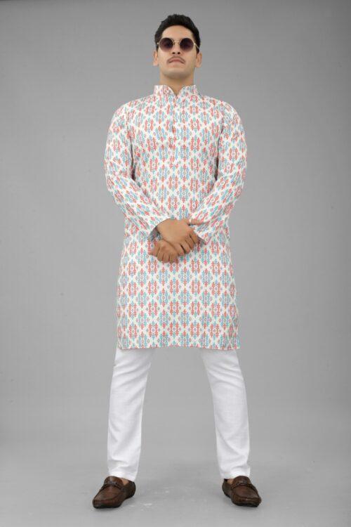 Generic Men’s Multi Color Full Sleeves Mandarin Collar Printed Ethnic Kurta Set