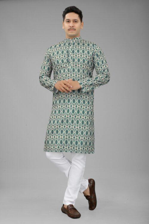 Generic Men’s Multi Color Full Sleeves Mandarin Collar Printed Ethnic Kurta Set